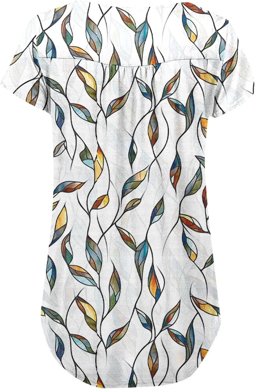 Summer Tunic Tops for Women 2025 Casual Short Sleeve Buttons Tshirts Pleated Henley Shirts Floral Print Ladies Blouse