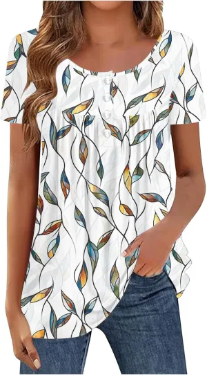 Summer Tunic Tops for Women 2025 Casual Short Sleeve Buttons Tshirts Pleated Henley Shirts Floral Print Ladies Blouse