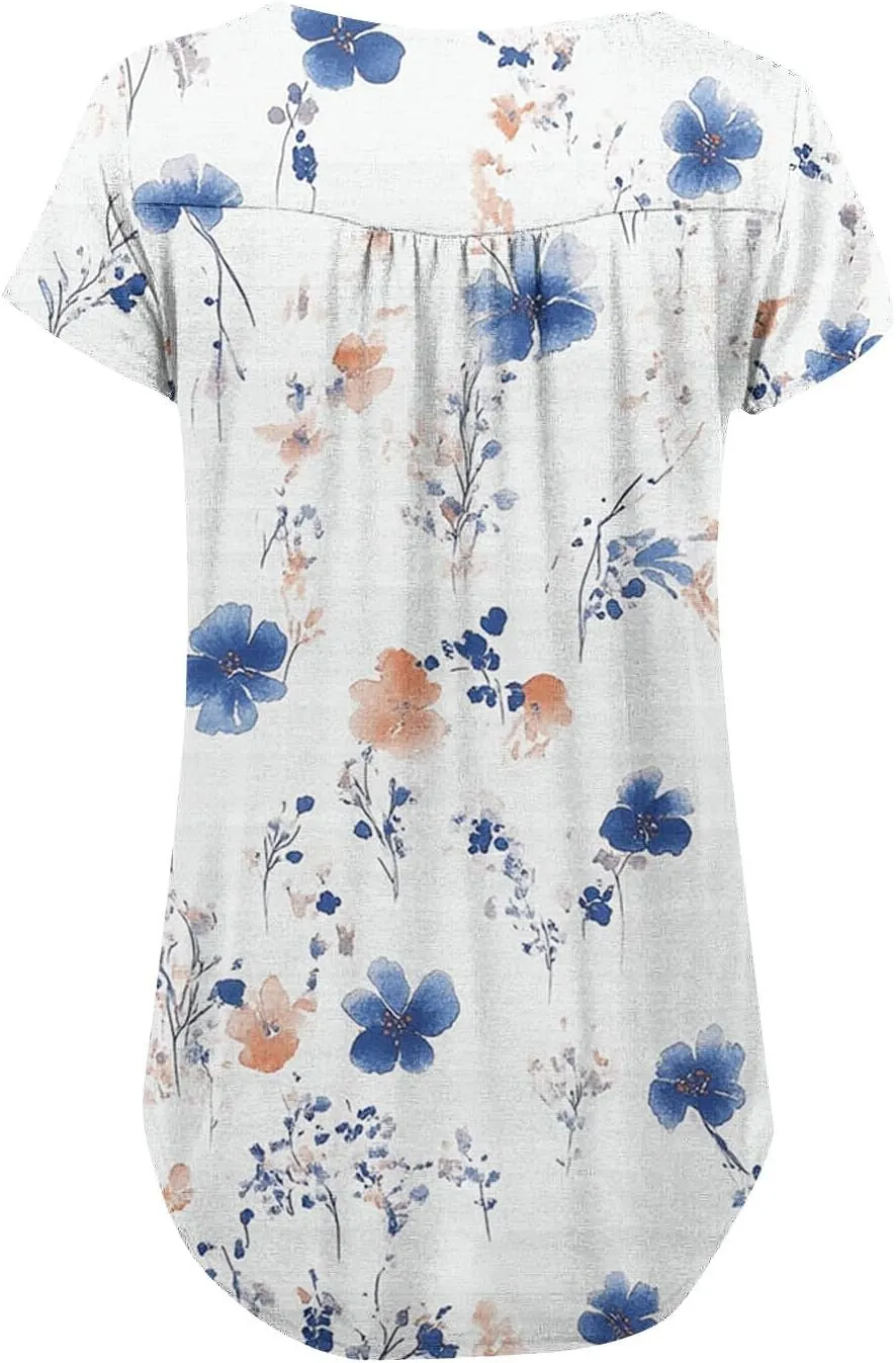 Summer Tunic Tops for Women 2025 Casual Short Sleeve Buttons Tshirts Pleated Henley Shirts Floral Print Ladies Blouse