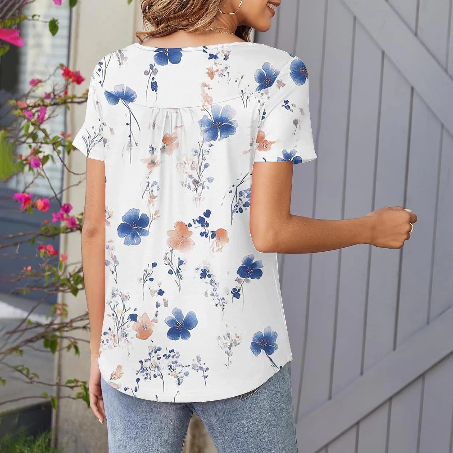 Summer Tunic Tops for Women 2025 Casual Short Sleeve Buttons Tshirts Pleated Henley Shirts Floral Print Ladies Blouse