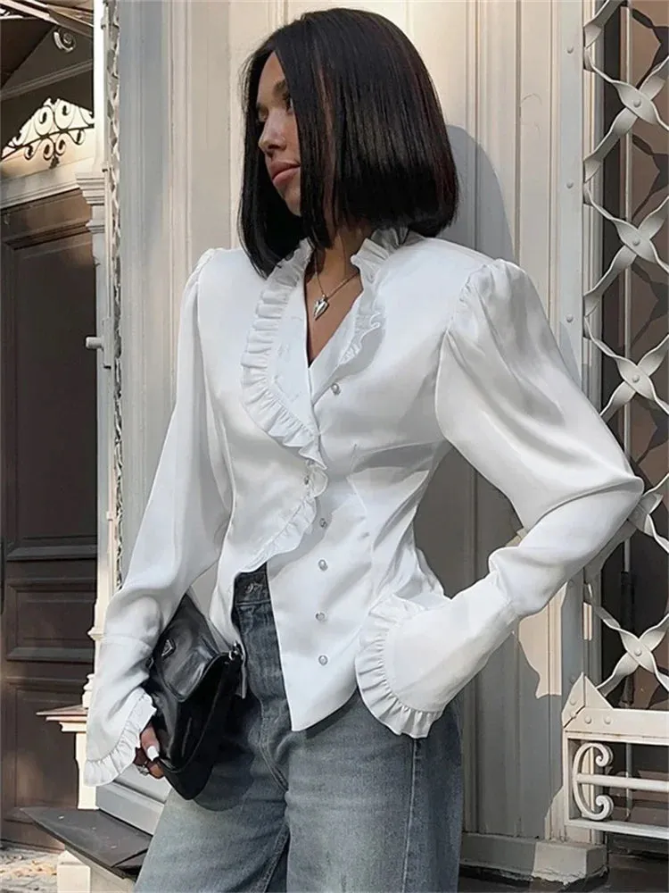 TAIVIMART  -  White Ruffled Vintage Shirts For Women Patchwork V-Neck Long Sleeve Autumn Elegant Streetwear Female Cardigan Blouses