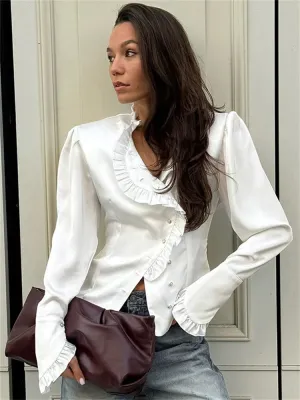 TAIVIMART  -  White Ruffled Vintage Shirts For Women Patchwork V-Neck Long Sleeve Autumn Elegant Streetwear Female Cardigan Blouses