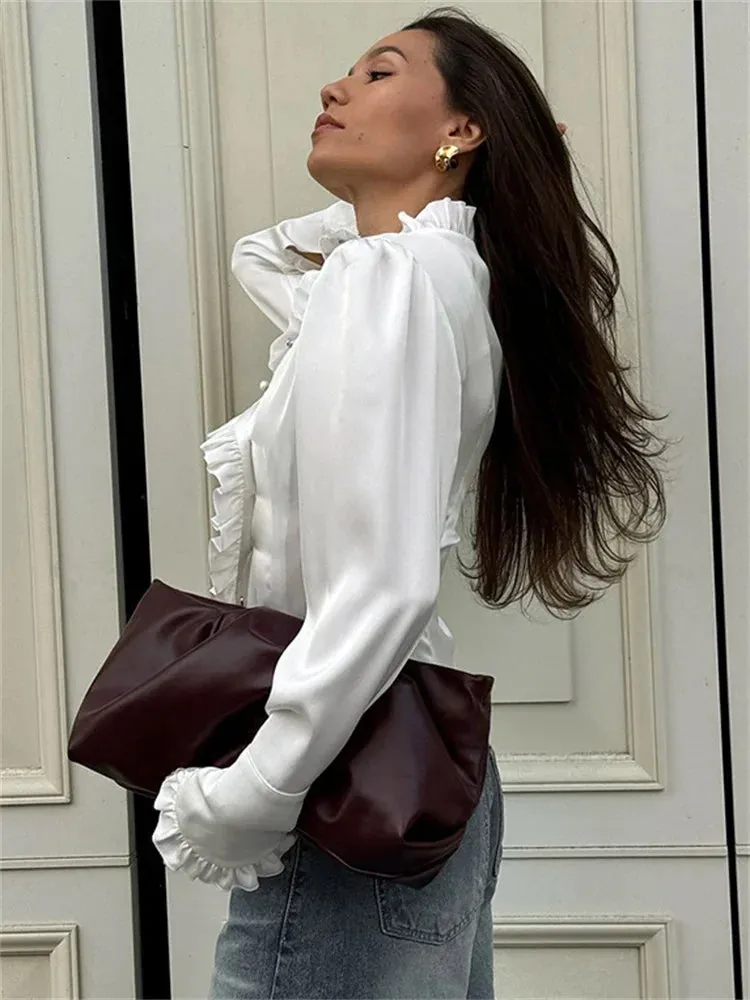 TAIVIMART  -  White Ruffled Vintage Shirts For Women Patchwork V-Neck Long Sleeve Autumn Elegant Streetwear Female Cardigan Blouses