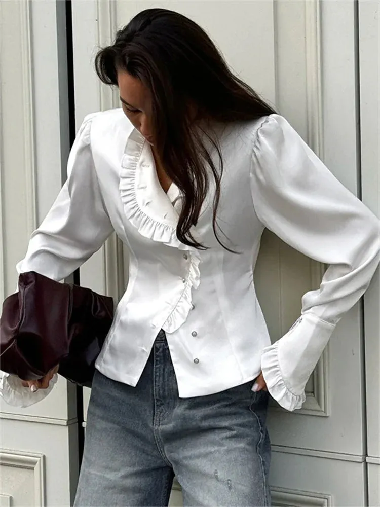 TAIVIMART  -  White Ruffled Vintage Shirts For Women Patchwork V-Neck Long Sleeve Autumn Elegant Streetwear Female Cardigan Blouses