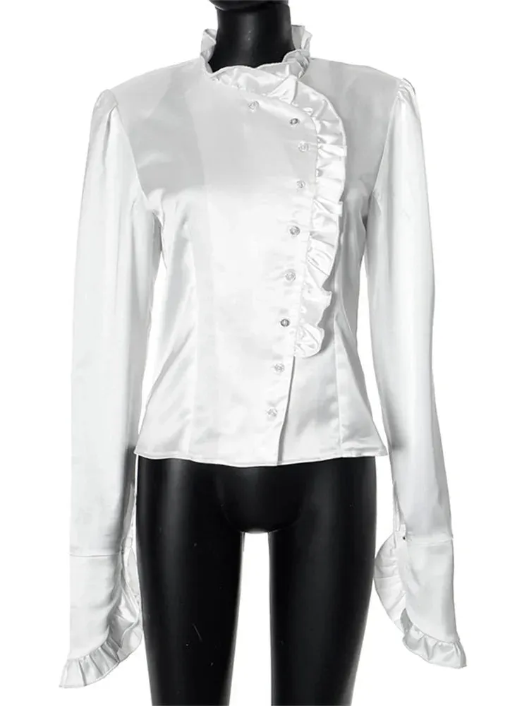 TAIVIMART  -  White Ruffled Vintage Shirts For Women Patchwork V-Neck Long Sleeve Autumn Elegant Streetwear Female Cardigan Blouses