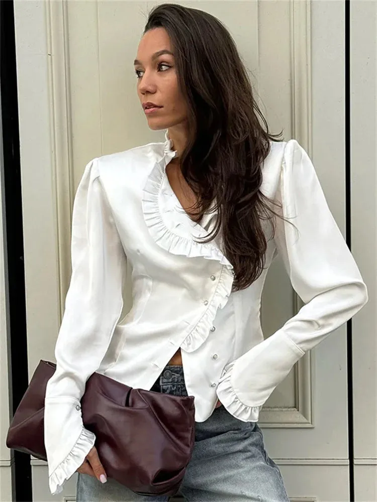 TAIVIMART  -  White Ruffled Vintage Shirts For Women Patchwork V-Neck Long Sleeve Autumn Elegant Streetwear Female Cardigan Blouses