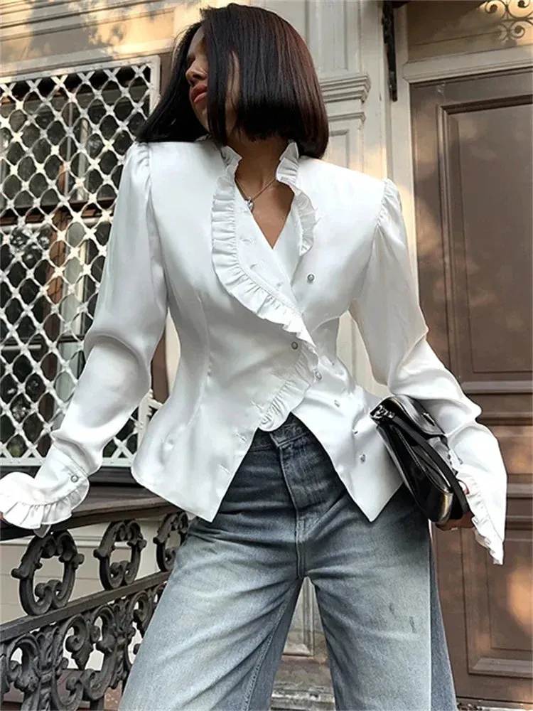 TAIVIMART  -  White Ruffled Vintage Shirts For Women Patchwork V-Neck Long Sleeve Autumn Elegant Streetwear Female Cardigan Blouses