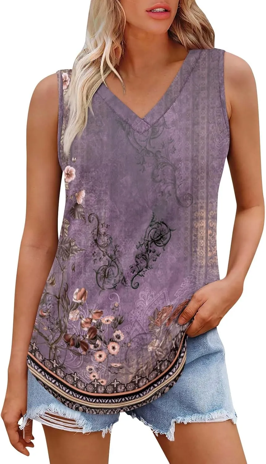 Tank Tops for Women 2025 Loose Fit V Neck Dressy Casual Tops Sleeveless Floral Print Shirts Summer Trendy Tank Tops