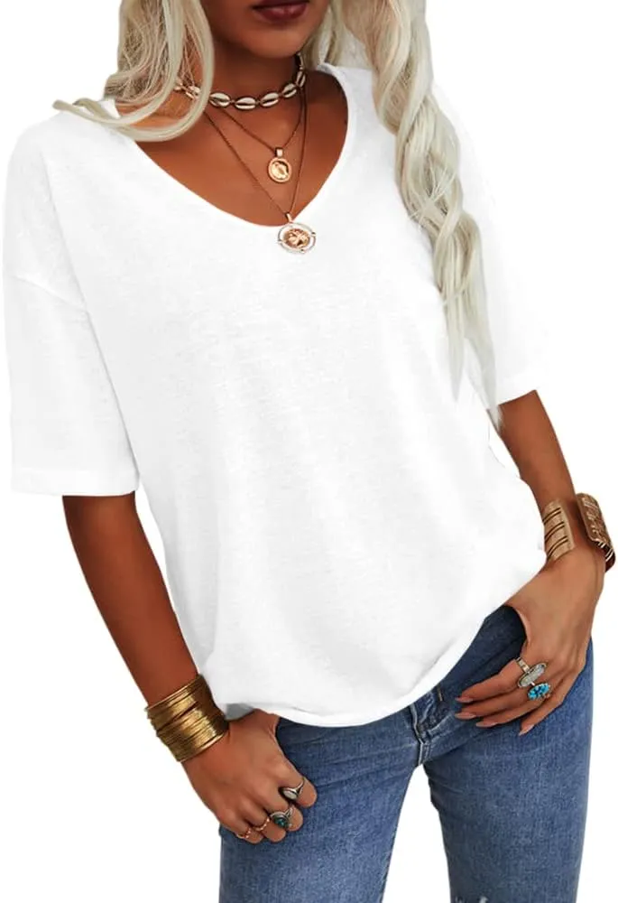 Tankaneo Women's 3/4 Sleeve Shirts V Neck Loose Fitting Tops Casual Solid Color Tshirts Trendy Basic Tunic Summer Ladies Tops