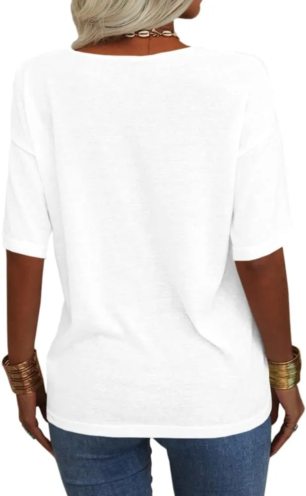 Tankaneo Women's 3/4 Sleeve Shirts V Neck Loose Fitting Tops Casual Solid Color Tshirts Trendy Basic Tunic Summer Ladies Tops
