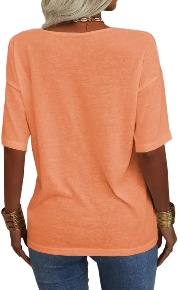 Tankaneo Women's 3/4 Sleeve Shirts V Neck Loose Fitting Tops Casual Solid Color Tshirts Trendy Basic Tunic Summer Ladies Tops