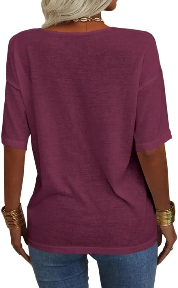 Tankaneo Women's 3/4 Sleeve Shirts V Neck Loose Fitting Tops Casual Solid Color Tshirts Trendy Basic Tunic Summer Ladies Tops