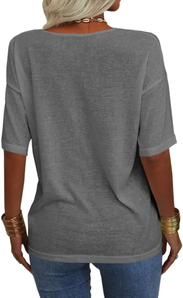 Tankaneo Women's 3/4 Sleeve Shirts V Neck Loose Fitting Tops Casual Solid Color Tshirts Trendy Basic Tunic Summer Ladies Tops