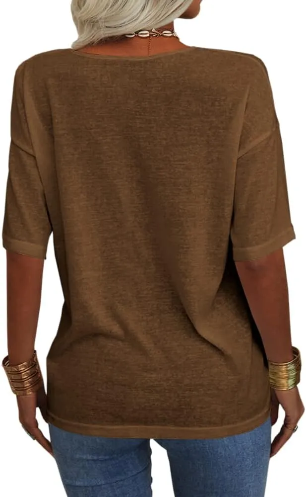 Tankaneo Women's 3/4 Sleeve Shirts V Neck Loose Fitting Tops Casual Solid Color Tshirts Trendy Basic Tunic Summer Ladies Tops