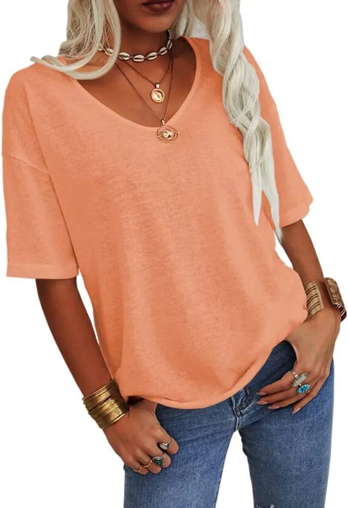 Tankaneo Women's 3/4 Sleeve Shirts V Neck Loose Fitting Tops Casual Solid Color Tshirts Trendy Basic Tunic Summer Ladies Tops