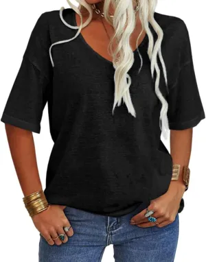 Tankaneo Women's 3/4 Sleeve Shirts V Neck Loose Fitting Tops Casual Solid Color Tshirts Trendy Basic Tunic Summer Ladies Tops