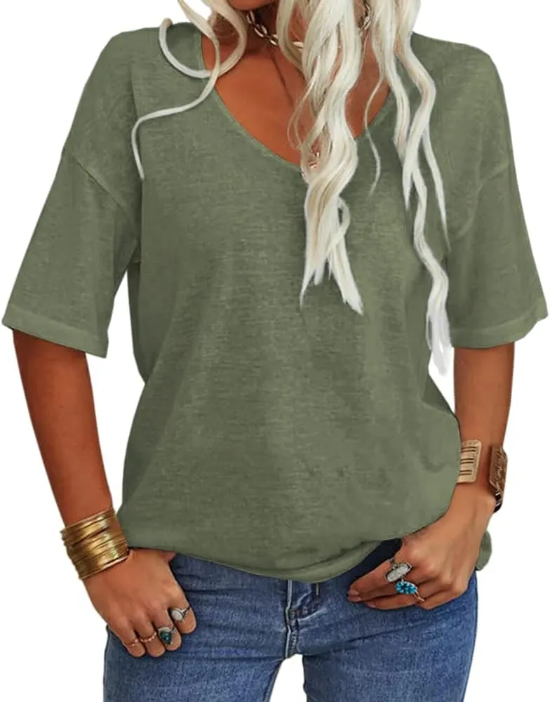Tankaneo Women's 3/4 Sleeve Shirts V Neck Loose Fitting Tops Casual Solid Color Tshirts Trendy Basic Tunic Summer Ladies Tops