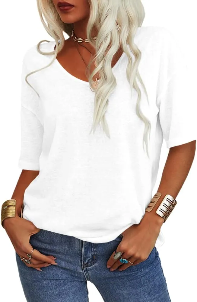 Tankaneo Women's 3/4 Sleeve Shirts V Neck Loose Fitting Tops Casual Solid Color Tshirts Trendy Basic Tunic Summer Ladies Tops