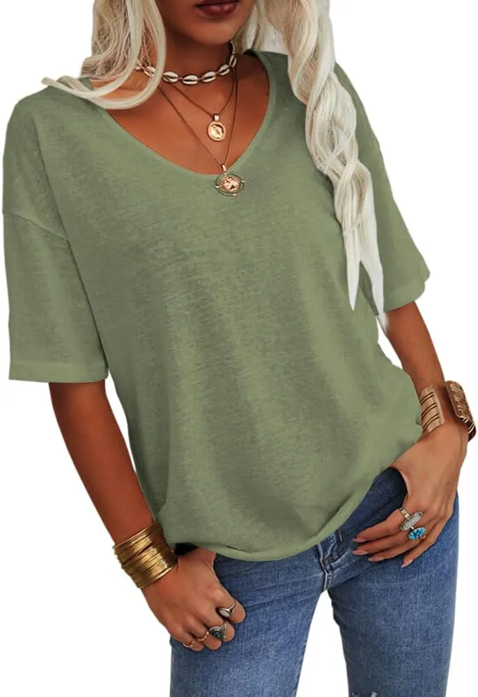 Tankaneo Women's 3/4 Sleeve Shirts V Neck Loose Fitting Tops Casual Solid Color Tshirts Trendy Basic Tunic Summer Ladies Tops