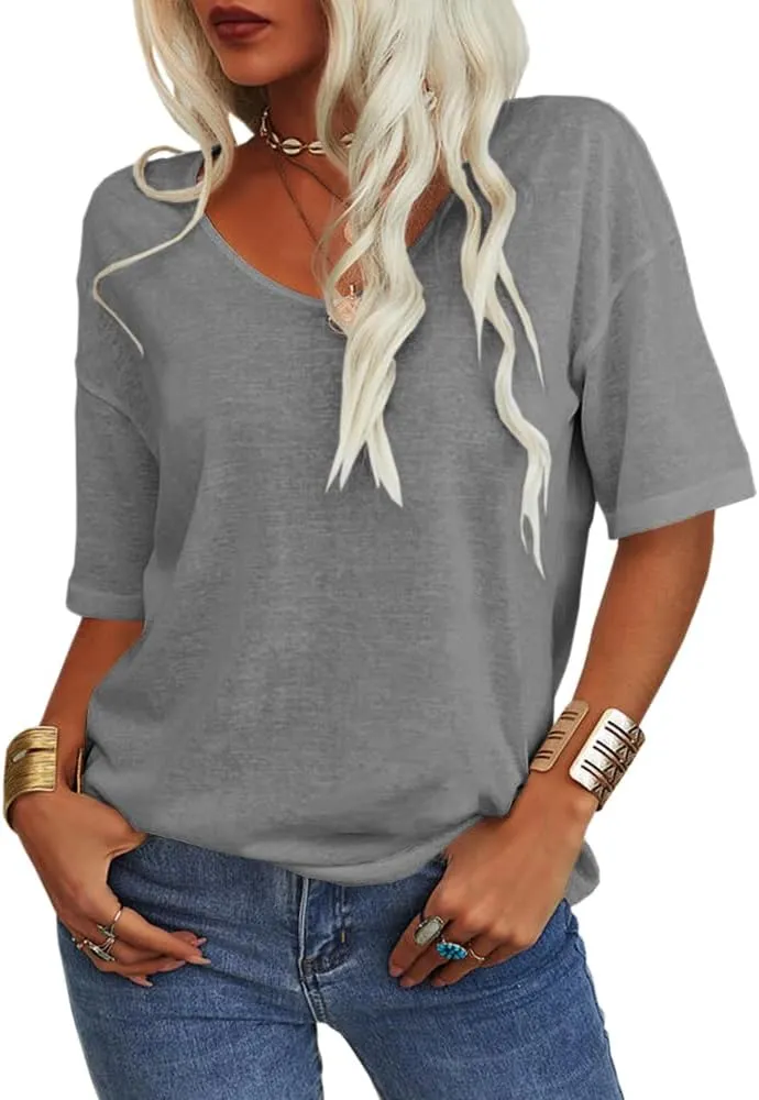 Tankaneo Women's 3/4 Sleeve Shirts V Neck Loose Fitting Tops Casual Solid Color Tshirts Trendy Basic Tunic Summer Ladies Tops