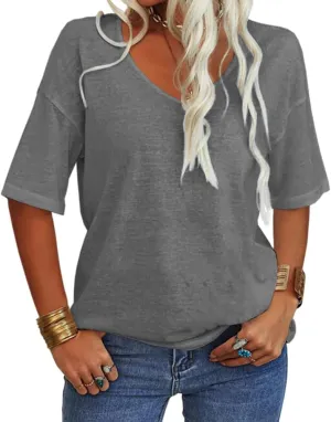 Tankaneo Women's 3/4 Sleeve Shirts V Neck Loose Fitting Tops Casual Solid Color Tshirts Trendy Basic Tunic Summer Ladies Tops