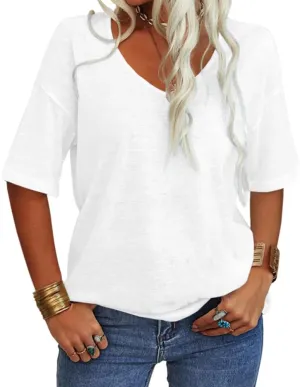 Tankaneo Women's 3/4 Sleeve Shirts V Neck Loose Fitting Tops Casual Solid Color Tshirts Trendy Basic Tunic Summer Ladies Tops