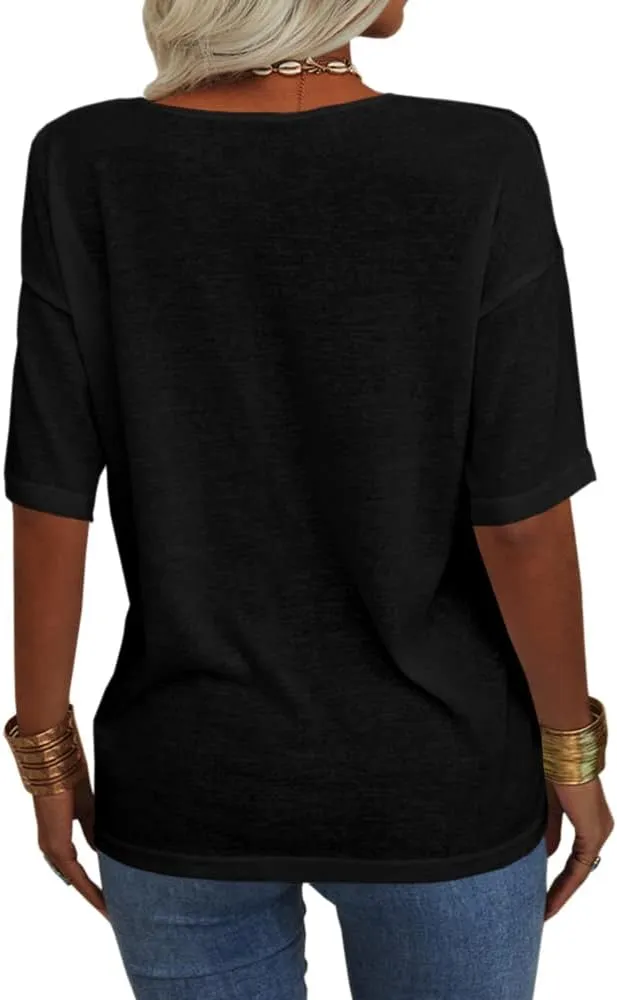 Tankaneo Women's 3/4 Sleeve Shirts V Neck Loose Fitting Tops Casual Solid Color Tshirts Trendy Basic Tunic Summer Ladies Tops