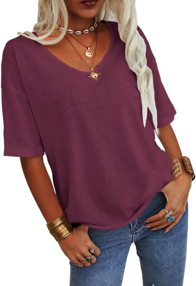 Tankaneo Women's 3/4 Sleeve Shirts V Neck Loose Fitting Tops Casual Solid Color Tshirts Trendy Basic Tunic Summer Ladies Tops
