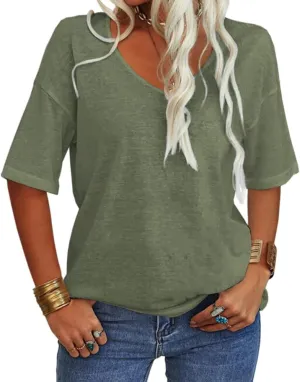 Tankaneo Women's 3/4 Sleeve Shirts V Neck Loose Fitting Tops Casual Solid Color Tshirts Trendy Basic Tunic Summer Ladies Tops