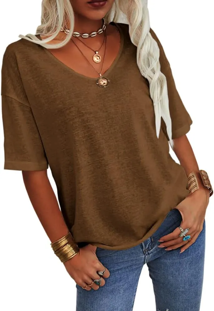 Tankaneo Women's 3/4 Sleeve Shirts V Neck Loose Fitting Tops Casual Solid Color Tshirts Trendy Basic Tunic Summer Ladies Tops