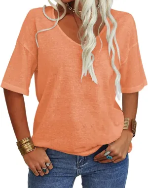 Tankaneo Women's 3/4 Sleeve Shirts V Neck Loose Fitting Tops Casual Solid Color Tshirts Trendy Basic Tunic Summer Ladies Tops