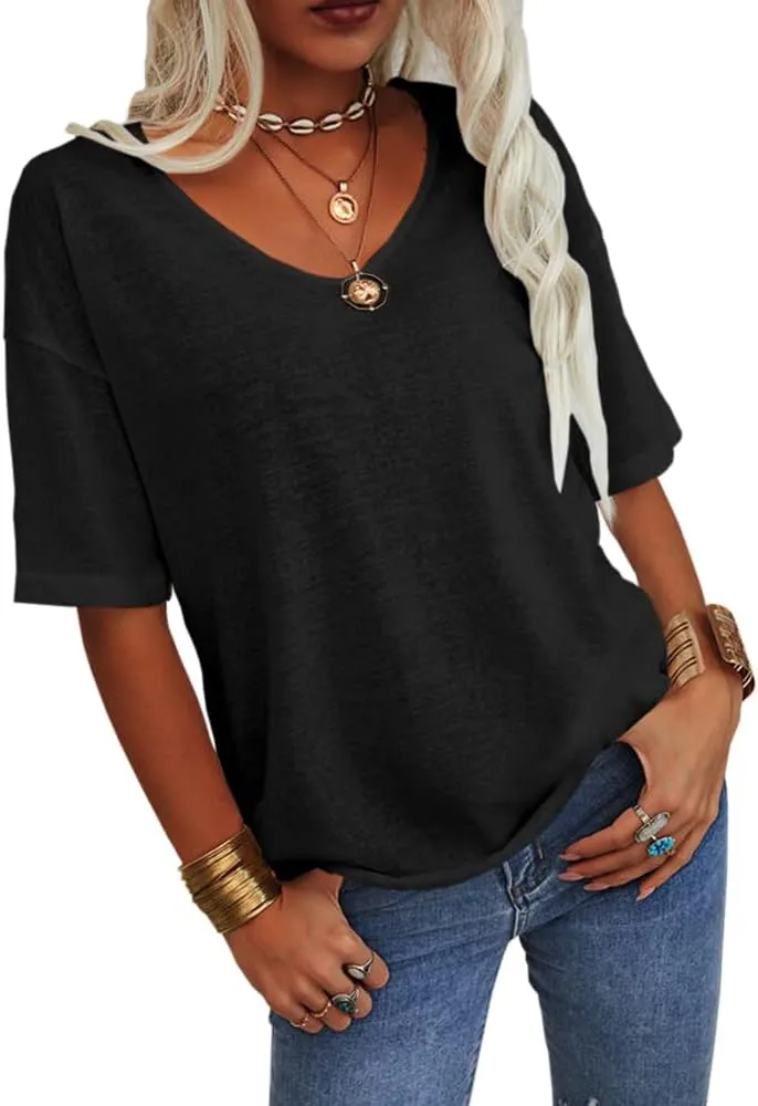 Tankaneo Women's 3/4 Sleeve Shirts V Neck Loose Fitting Tops Casual Solid Color Tshirts Trendy Basic Tunic Summer Ladies Tops