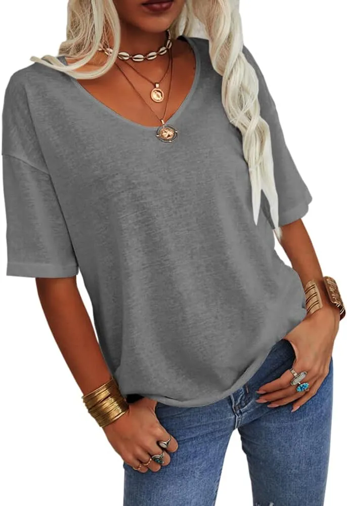 Tankaneo Women's 3/4 Sleeve Shirts V Neck Loose Fitting Tops Casual Solid Color Tshirts Trendy Basic Tunic Summer Ladies Tops