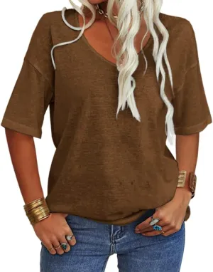 Tankaneo Women's 3/4 Sleeve Shirts V Neck Loose Fitting Tops Casual Solid Color Tshirts Trendy Basic Tunic Summer Ladies Tops