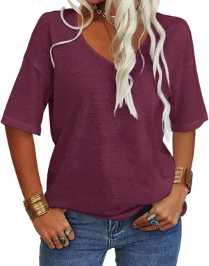 Tankaneo Women's 3/4 Sleeve Shirts V Neck Loose Fitting Tops Casual Solid Color Tshirts Trendy Basic Tunic Summer Ladies Tops