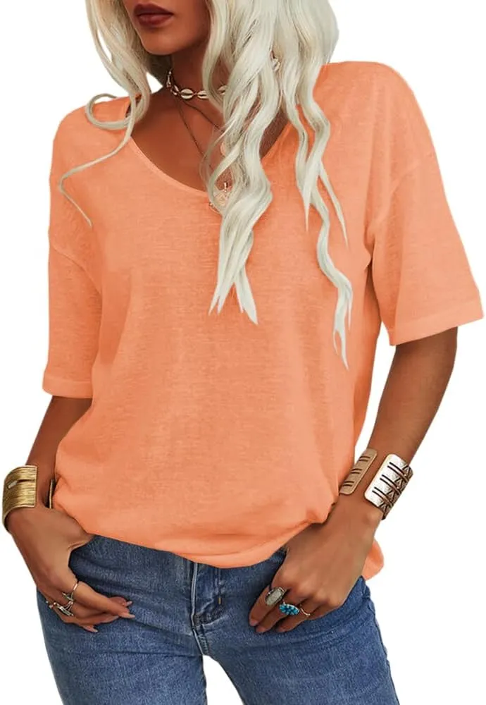 Tankaneo Women's 3/4 Sleeve Shirts V Neck Loose Fitting Tops Casual Solid Color Tshirts Trendy Basic Tunic Summer Ladies Tops