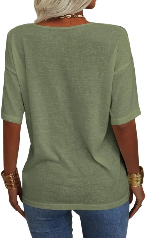 Tankaneo Women's 3/4 Sleeve Shirts V Neck Loose Fitting Tops Casual Solid Color Tshirts Trendy Basic Tunic Summer Ladies Tops