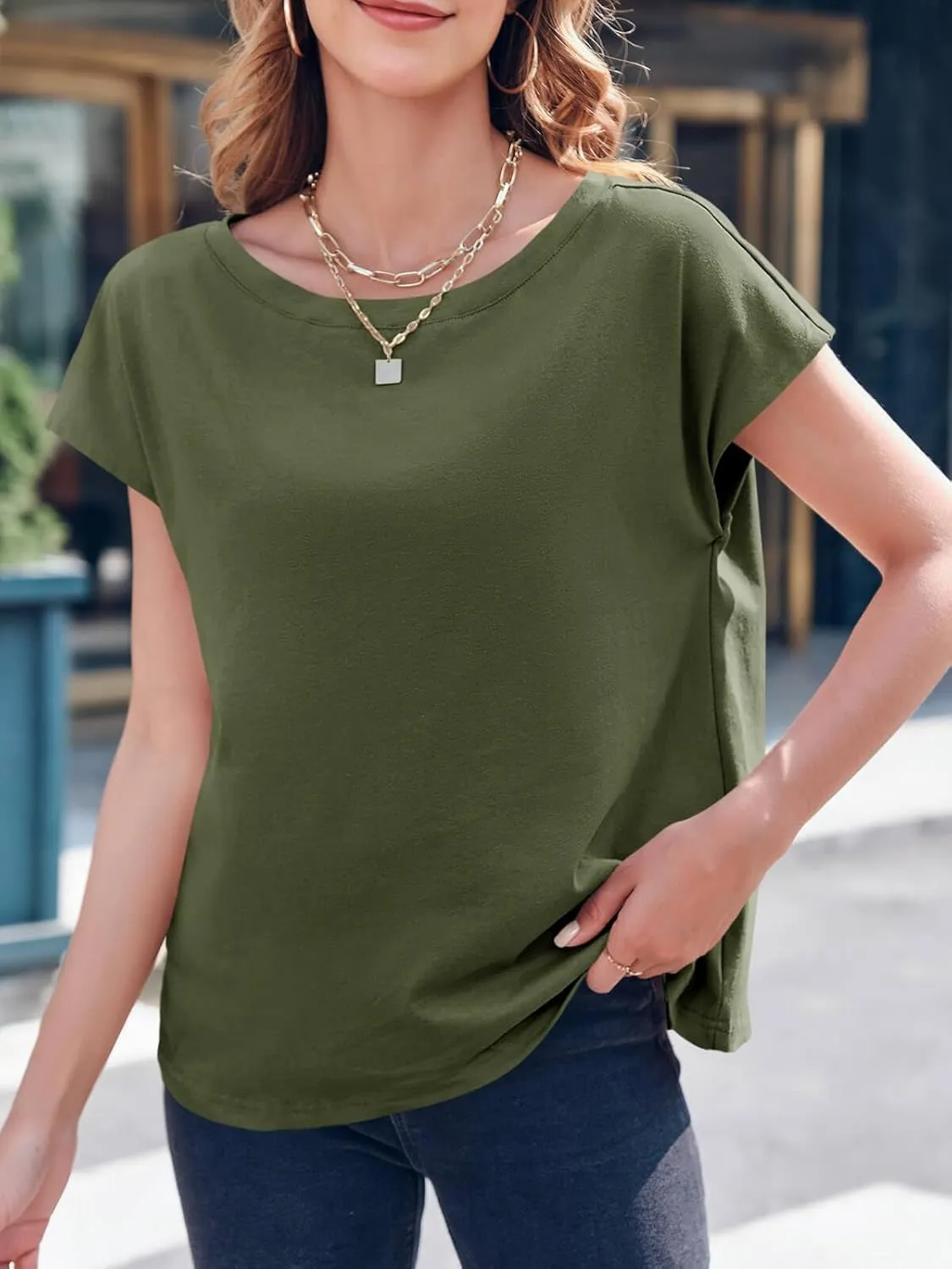 Tankaneo Womens Cap Sleeve Tops Boat Neck T-Shirts Summer Casual Loose Fit Basic Tees