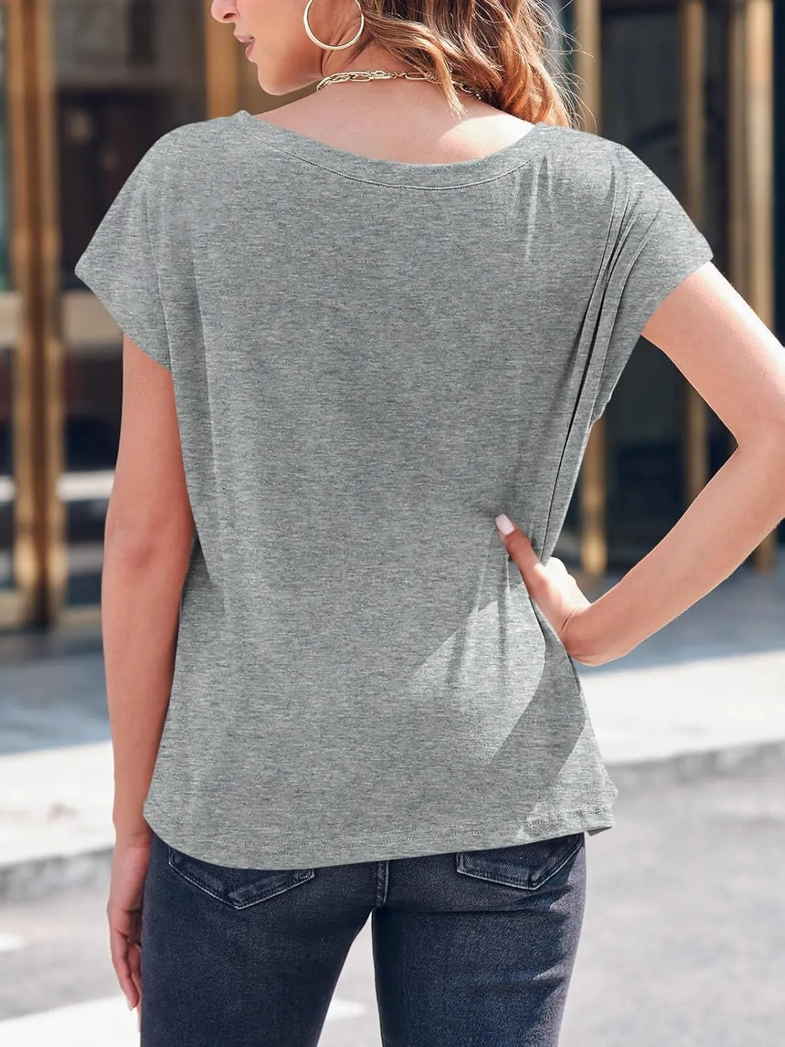 Tankaneo Womens Cap Sleeve Tops Boat Neck T-Shirts Summer Casual Loose Fit Basic Tees