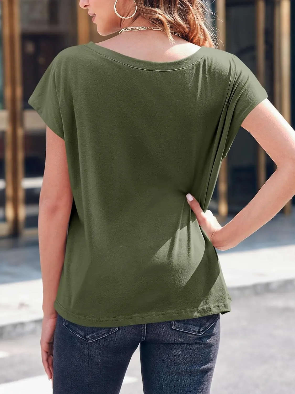 Tankaneo Womens Cap Sleeve Tops Boat Neck T-Shirts Summer Casual Loose Fit Basic Tees