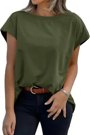 Tankaneo Womens Cap Sleeve Tops Boat Neck T-Shirts Summer Casual Loose Fit Basic Tees