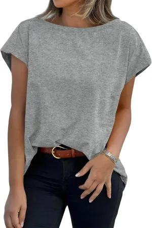 Tankaneo Womens Cap Sleeve Tops Boat Neck T-Shirts Summer Casual Loose Fit Basic Tees