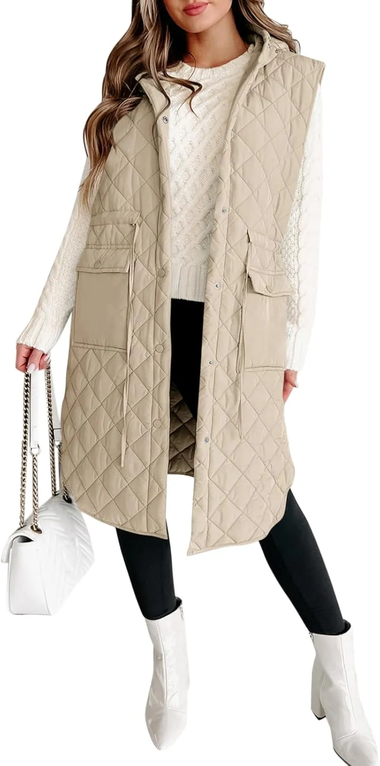 Tankaneo Women's Long Puffer Vest Sleeveless Hood Quilted Winter Outwear Warm Jackets Coats