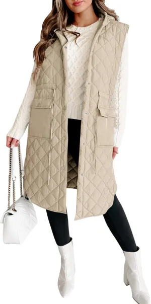 Tankaneo Women's Long Puffer Vest Sleeveless Hood Quilted Winter Outwear Warm Jackets Coats