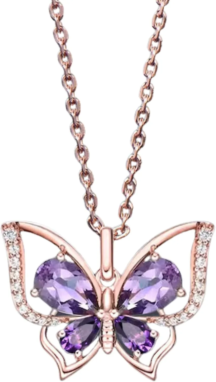 Teardrop Pear Amethyst Butterfly Necklace 14K Rose Gold Plated in 925 Sterling Silver Vintage Purple Stone Pendant Unique February Birthstone Gifts For Daughter Anniversary Wedding Necklace