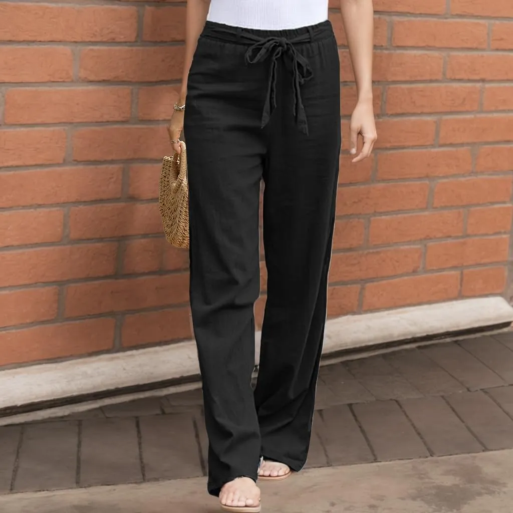 TIAFORD Women's Casual Cotton Linen Floral Print Elastic Waist Beach Pants Loose Wide Leg Drawstring Trousers with Pockets
