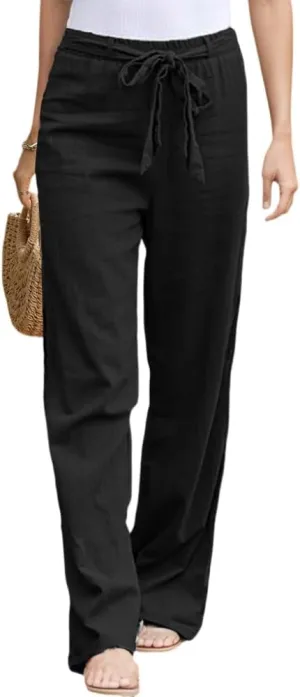 TIAFORD Women's Casual Cotton Linen Floral Print Elastic Waist Beach Pants Loose Wide Leg Drawstring Trousers with Pockets