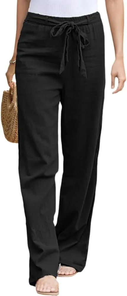TIAFORD Women's Casual Cotton Linen Floral Print Elastic Waist Beach Pants Loose Wide Leg Drawstring Trousers with Pockets