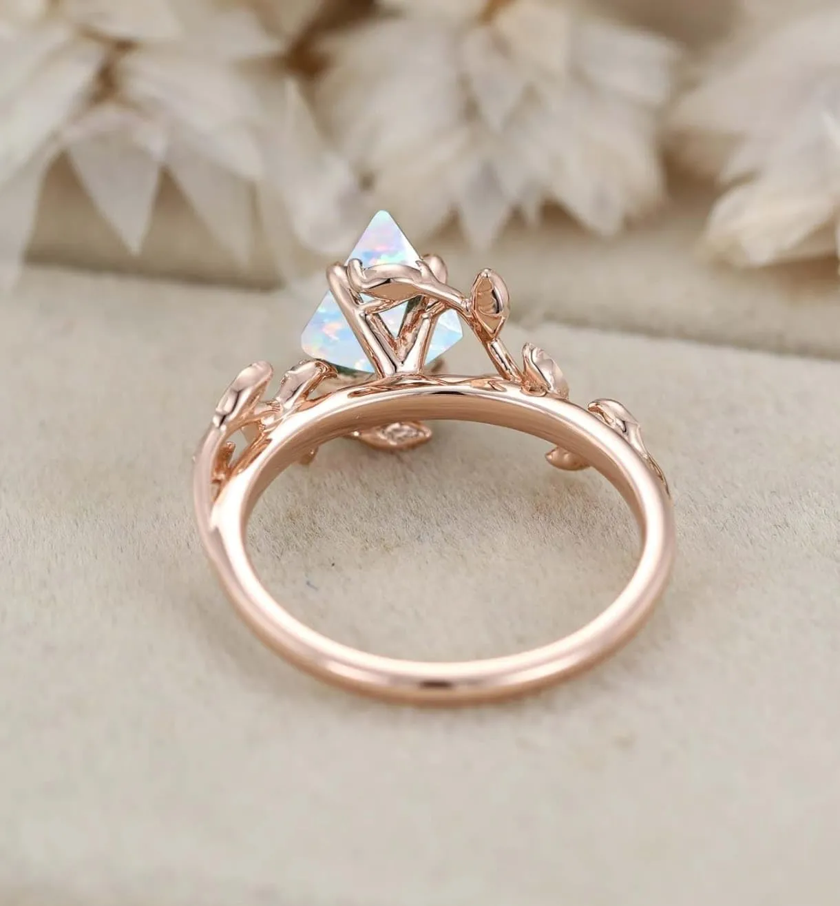 Ticon Kite shaped Opal Gemstone Ring - Vintage Engagement Ring - for Women Nature Inspired Birthstone Leaf Vine Art Deco - Wedding Promise Rings Set
