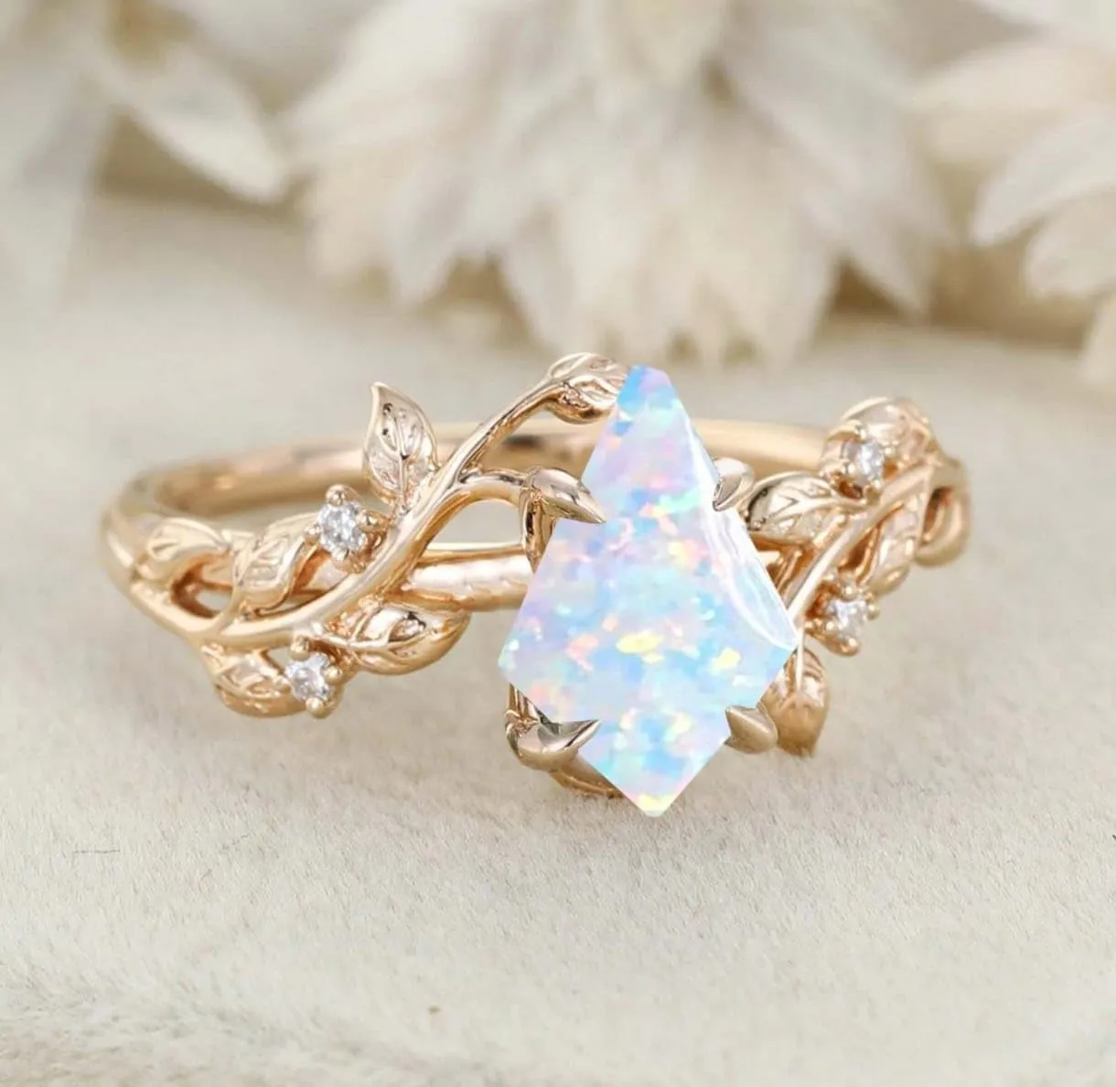 Ticon Kite shaped Opal Gemstone Ring - Vintage Engagement Ring - for Women Nature Inspired Birthstone Leaf Vine Art Deco - Wedding Promise Rings Set